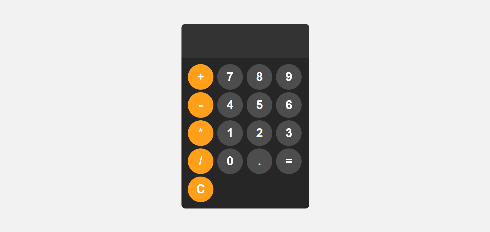 Screenshot van donker thema calculator app met grid layout met nummerknoppen, operatie knoppen en digitaal display
