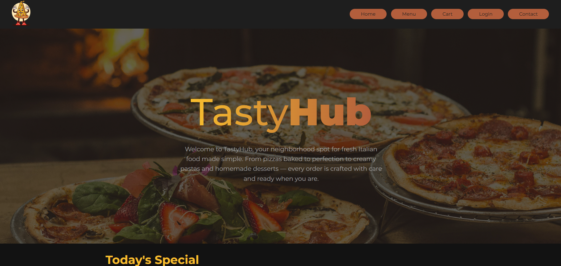 Screenshot van restaurant website homepage met menu items in grid layout, filteropties en winkelwagen functionaliteit